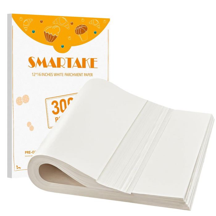 SMARTAKE 300 Pcs Parchment Paper Baking Sheets, 12x16 Inch Pre-Cut Baking Parchment, Non-Stick Kitchens Cookie Baking Paper, for Oven Grilling Air Fryer Steaming Bread Cake Cookie Meat Pizza (White)