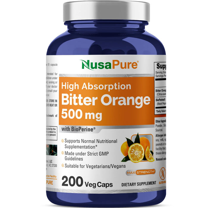 NusaPure Bitter Orange 500mg 200 Veggie Caps (Vegetarian, Non-GMO, Gluten Free) Bioperine