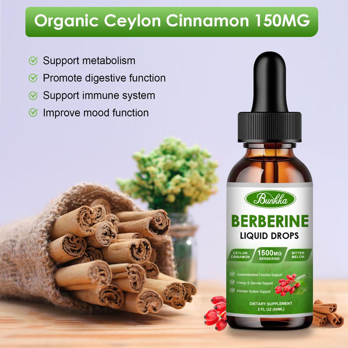 Berberine Supplement 1500mg, Organic Berberine Liquid Drops with Ceylon Cinnamon, Bitter Melon, Sugar-Free & Vegan Supplement Supports Immune System & Gastrointestinal Care - 4 FL Oz