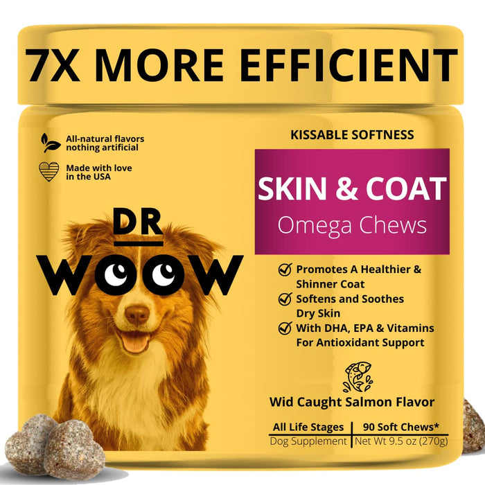 Dr Woow Omega Wild Alaskan Salmon Fish Oil 90 ct Soft Chews for Dog - Anti Itch & Coat + Allergy Support, with Kelp, Biotin, Vitamins, Zinc - Helps Itchy Skin, Dog allergies, May Reduce Shedding