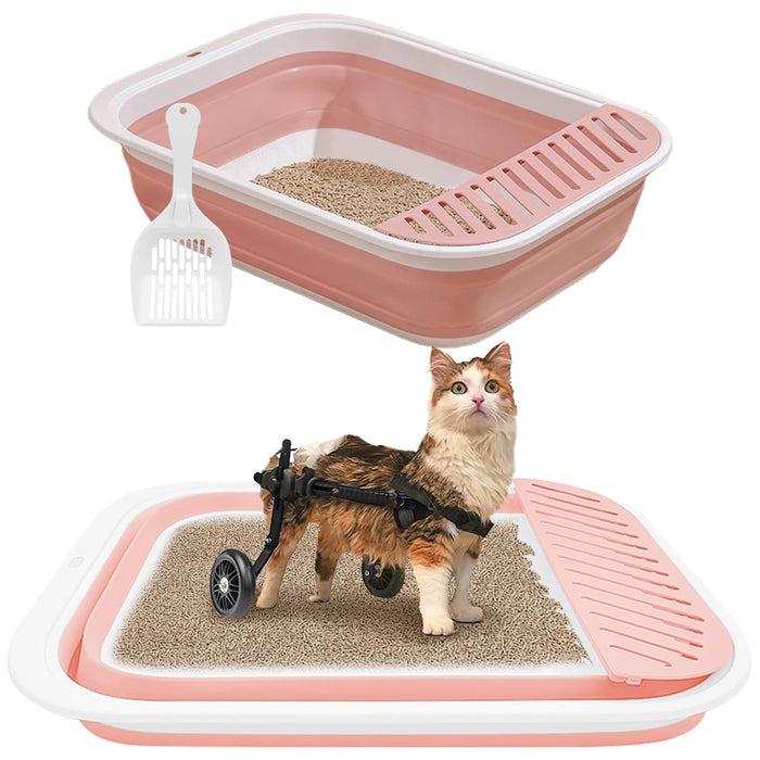 BNOSDM Senior Cat Litter Box Low Entry Kittens Travel Litter Box with Scoop Open Collapsible Shallow Cats Potty Pan Foldable Pet Toilet for Sick Disabled Older Elderly Cats Pink
