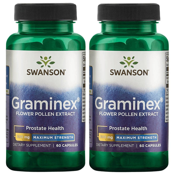 Swanson Maximum Strength Graminex Flower Pollen Extract - Supports Prostate Health, Urinary Tract Function, and Kidney Health - Mens Health Supplement - (60 Capsules, 500mg Each) (2 Pack)