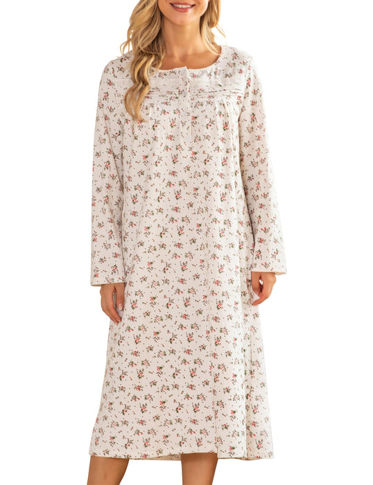 Bloggerlove House Dresses for Elderly 100% Cotton Knit Nightgowns Cute Lace Trim Button Up Dress Housecoat Comfy Long-Sleeve Ladies Sleepwear Robes for Women White Yellow Floral XL