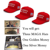 MOZU MAGA Hat 3 Packs(RED) Trump 2024 Hat Donald Trump Hat 2024 Keep America Great Hat Make America Great Again MAGA Camo Embroidered Adjustable Baseball Cap with Two Money（Golden，Silver）