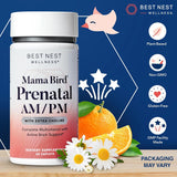 Best Nest Wellness Mama Bird AM/PM Prenatal Vitamins for Women: Methylated Multivitamin with Choline B12 & Methylfolate (Folic Acid), Pregnancy Vitamins for Women, w/Herbal Blend, 2X Daily, 60 Ct