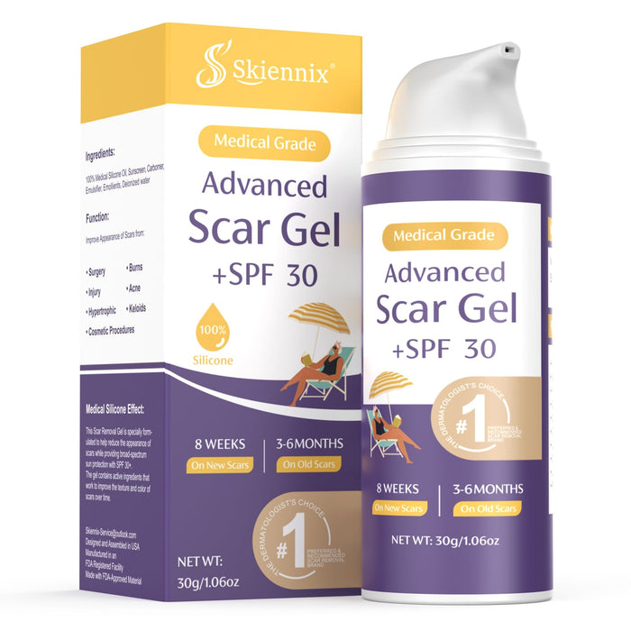 Skiennix Scar Cream with SPF 30 Sunscreen, Silicone Scar Treatment Protects from Sun Damage, Reduces the Appearance of Scars from Surgical Scars, Acne, Injuries, Hypertrophic Scars, 30g