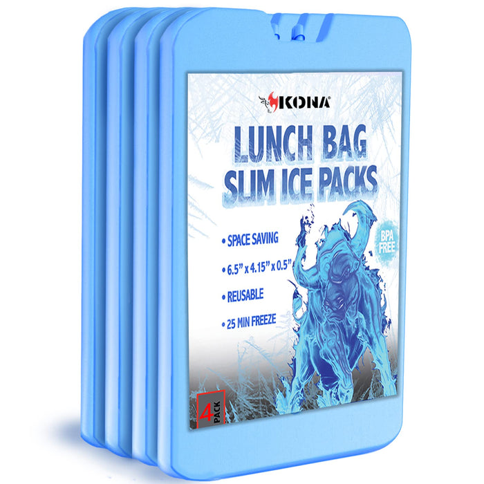Kona 4 Pack Slim Ice Packs for Lunch Boxes & Coolers – Reusable, Quick Freeze, Space Saving Freezer Packs – Small Thin Cold Packs (Blue)