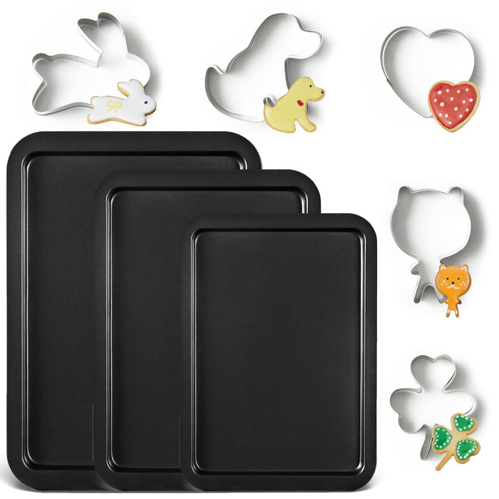 HONGBAKE Baking Sheet with Cookie Cutters, Jelly Roll/Quarter Baking Pan Set for Oven, 8 Pack Nonstick Bakeware Sets with Wider Grips, Premium, Dishwasher Safe - Dark Grey