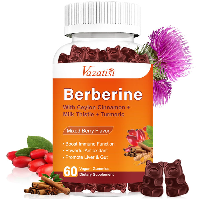 Vazatisi Berberine Gummies Sugar Free, Orgainc Berberine HCL 1500mg with Ceylon Cinnamons,Magnesium Citrate, Milk Thistle Supplement for Adult & Kids