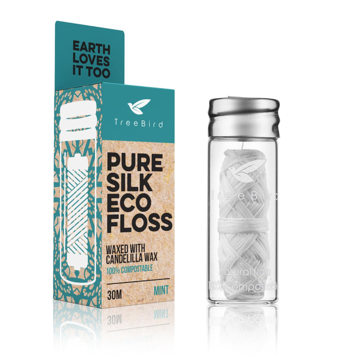Biodegradable Dental Floss with a Refillable Glass Holder | Naturally Waxed with Candelilla Wax | 100% Compostable | 33yds/30m Natural Silk Spool | Eco-Friendly Zero Waste Oral Care | Mint Flavored