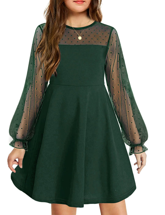 Arshiner Girl's Sheer Mesh Lantern Long Sleeve Green Christmas High Waist Elegant Party Short Dress 9-10 Years