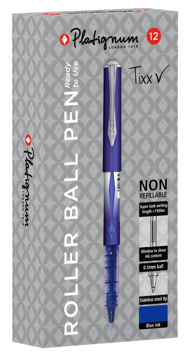 Platignum Tixx Blue Gel Ink Roller Ball Pen [Pack of 12] 1500 m Writing Length [Ref: 50457]