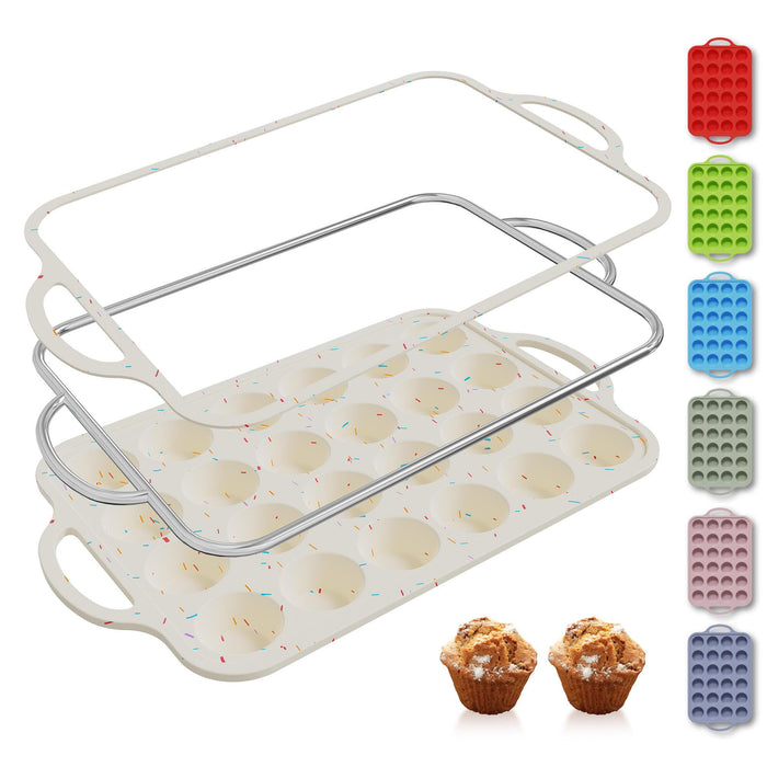24 Cups Silicone Muffin Pan with Metal Reinforced Frame Mini Size Cupcake Pan Tray Egg Bites Silicone Circle Cookie Molds Muffin Tin Tart Pans Non Stick Toxic Oven Safe Baking Sheet Set