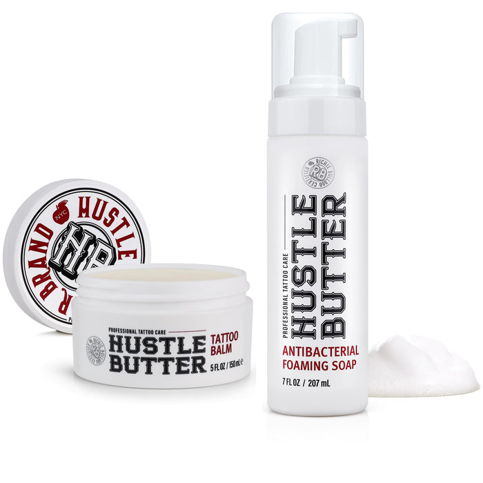 Hustle Butter Tattoo Soap & Aftercare Balm - Antibacterial Soap, Safe To Use While Healing, Vegan, No Petroleum - 5 Ounce Balm & 7 Ounce Tattoo Wash Kit