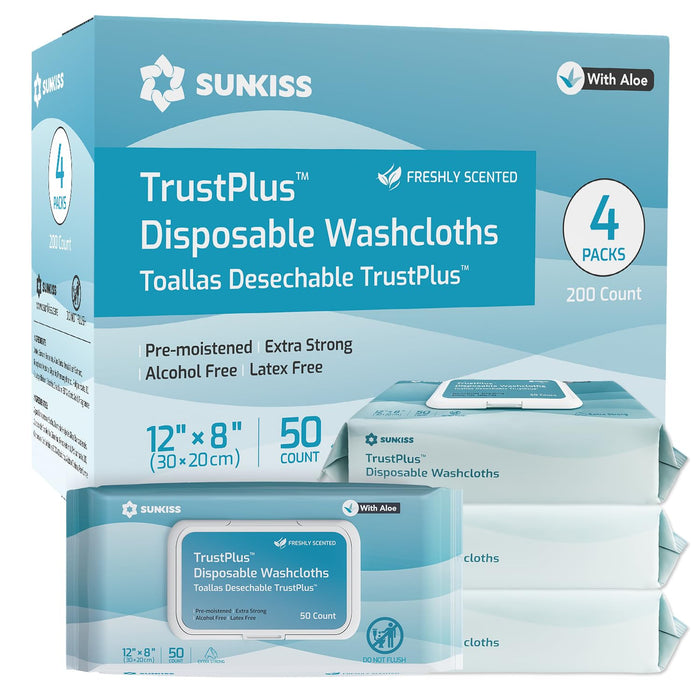 SUNKISS Trustplus Wet Wipes for Adult, Extra Thick 8"x12" Body Cleaning Wipes with Aloe for Incontinence & Cleansing, Fresh Scent, 200 Count (4 Packs of 50)