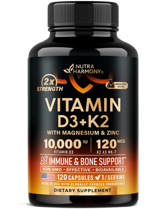 Vitamin D3 K2 - Vitamin D3 10000 iu & K2 as MK-7 120 mcg Complex - 120 Caps