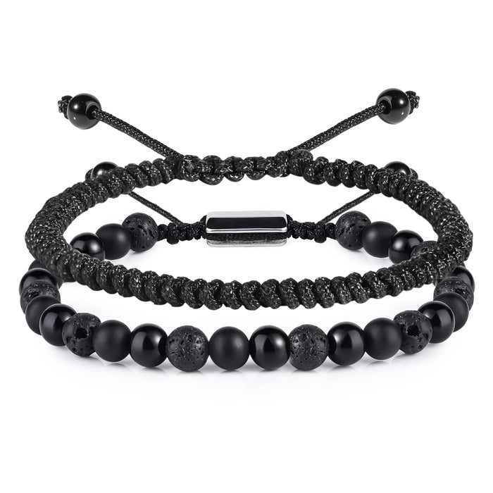 CARITATE Black Beaded Bracelets for Men Boys - 6mm Obsidian Onyx Lava Beads Mens Bracelet Set for Couples - Christmas Gifts Birthday Gifts Mens Jewelry for Boyfriend Husband Him