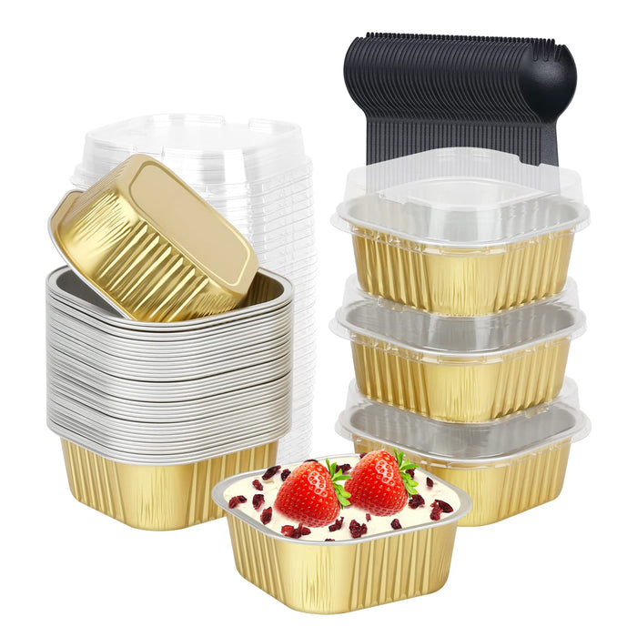 Large Cupcake Liners Aluminum Pans With Lids 40 Pack,LNYZQUS Square 10oz Small Cake Muffin Tin,Disposable Ramekins Baking Pan Containers For Brownie Mini Cake Bread Dessert-Gold