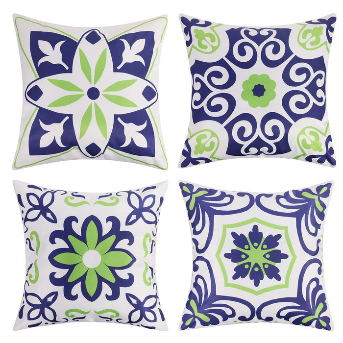Pyonic Set of 4 Outdoor Pillow Covers 18x18 Waterproof Decorative Throw Pillow Covers Floral Printed Farmhouse Boho Pillowcase for Patio Funiture Garden Navy Blue