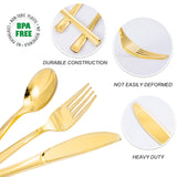 N9R 500PCS Gold Plastic Silverware - Gold Plastic Cutlery Set Disposable Flatware Dinnerware -200 Gold Forks, 150 Gold Spoons, 150 Gold Knives for Party, Birthday, Wedding Gold Utensils