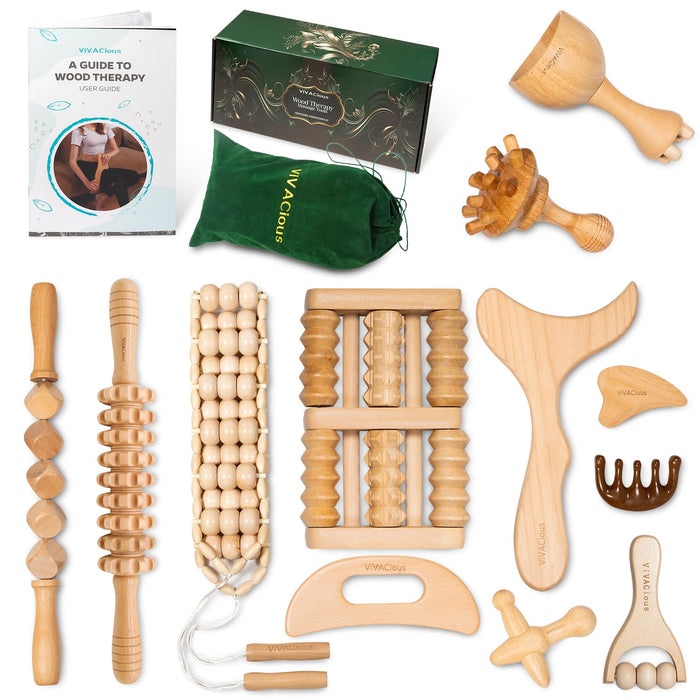 12-in-1 Wood Therapy Massage Tools Kit - Lymphatic Drainage Massager for Stomach, Thighs and HIPS | Maderoterapia Kit Professional for Muscle Pain Relief | Wooden Body Sculpting Tools | ViVACious