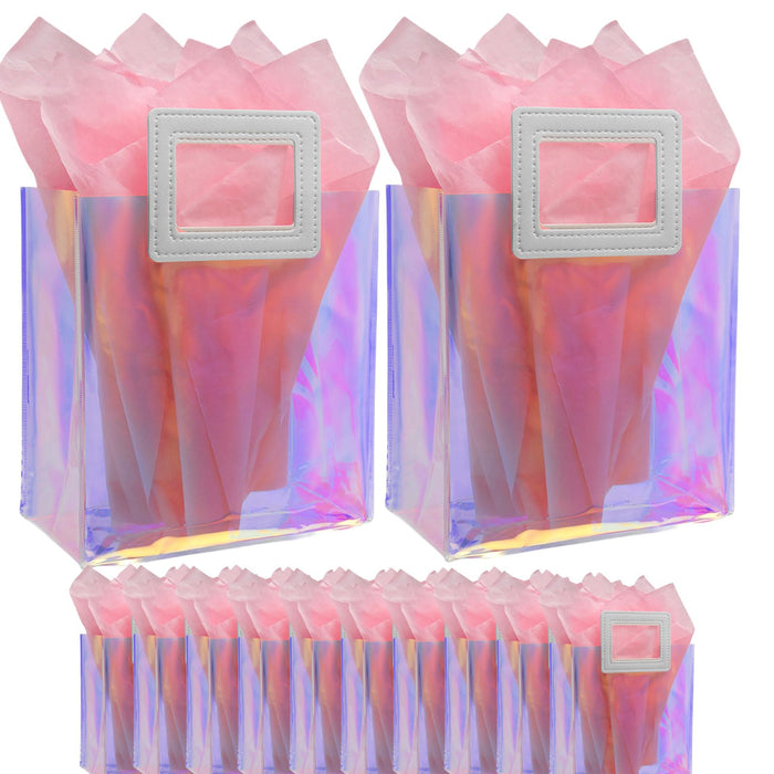 Caleihd 12PCS Holographic Clear Gift Bags with Tissue Paper, 7.9 * 7.1 * 3.9 inch Gift Bags with Handles,Treat Bags Goody Bags,for Christmas, Birthday Party, Weeding Gift Bags Party Supplies