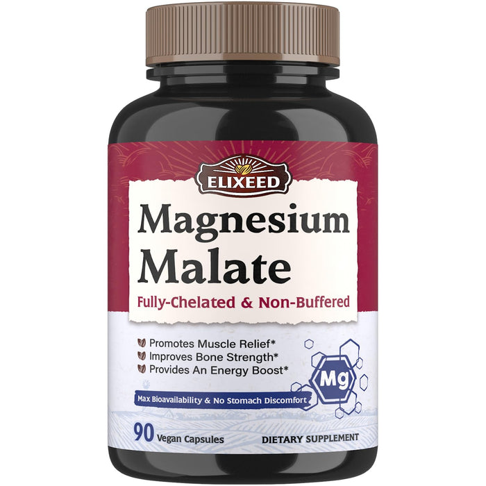 Elixeed Magnesium Malate, Chelated, Fully Reacted & Non-Buffered, Max Absorption & Bioavailability, No Stomach Upset, for Men, Women & Kids, Energy, Muscle Function & Bone Support, 90 Vegan Caps