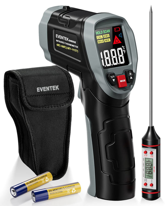 Eventek Infrared Thermometer Gun, [3 in 1] -58°F~1112°F (-50°C~600°C) Digital Laser Temperature Gun for Cooking, Pizza Oven, Grill & Engine with Adjustable Emissivity, Meat Thermometer & Bag Included
