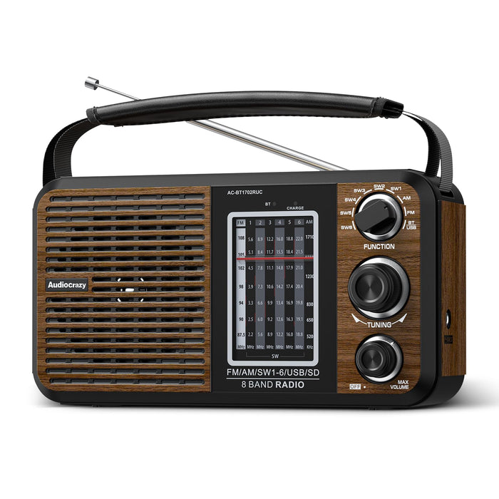 Audiocrazy AM FM Portable Radio Shortwave Radio with Bluetooth,Radio Plug in Wall or Battery Powered,Rechargeable Radio with Strong Recepiton,Headphone Jack,SD/USB Slot,Good for Home Seniors Elderly