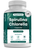 Organic Spirulina and Chlorella Capsules – 180 Chlorophyll Pills, Blue Green Algae Powder Capsules to Support Detox, Mitochondria & Energy– 3X More Chlorella Spirulina Powder/Serving