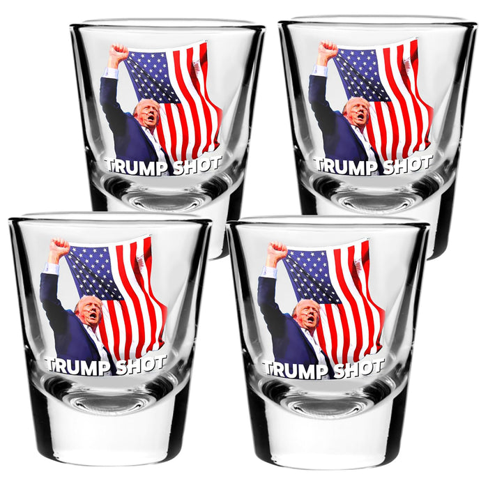 RWSEFK Trump Shot Glass - 4Pc Set with Assassination Picture & Fist Pump, Perfect for Political Enthusiasts, Collectible for Trump 2024 - Holds 1.70 oz, Exclusive Limited Edition Design