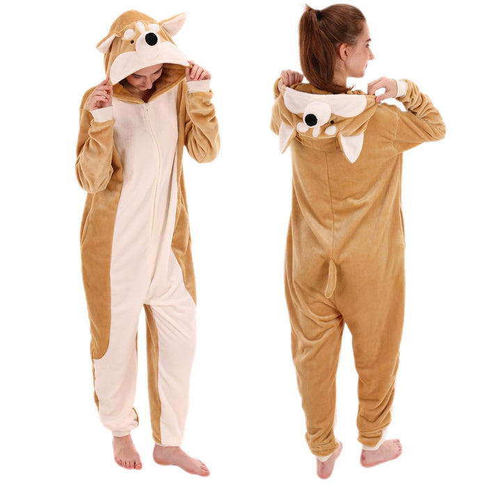 COSUSKET Snug Fit Unisex Adult Onesie Pajamas, Animal Flannel Cosplay Corgi One Piece Halloween Costume Sleepwear Homewear