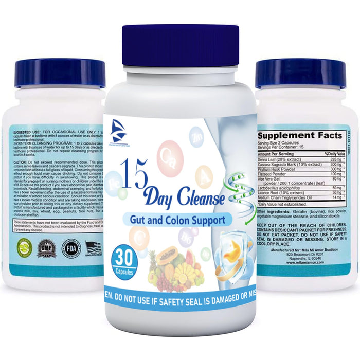 15 Day Gut Cleanse Support - 15 Dias para Limpiar El Colon Dissolving Capsules,Advanced Formula with Senna, Cascara Sagrada & Psyllium Husk (2Bottles)