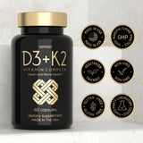 Vitamin D3 K2 Capsules - Vitamin D3 5000 IU and Vitamin K MK7 100mcg - 60 Capsules - USA Made Vegetarian Vitamin D Supplement - High Strength VIT D for Bones, Muscle, Teeth, Immune System