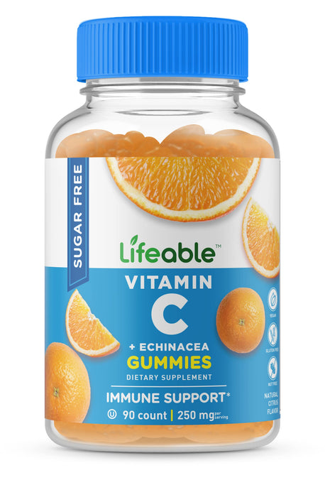 Lifeable Sugar Free Vitamin C – 250 mg – with Echinacea – Great Tasting Natural Flavor Gummy Supplement – Vegetarian GMO-Free Chewable Vitamins – for Immune Support – for Adults – 90 Gummies