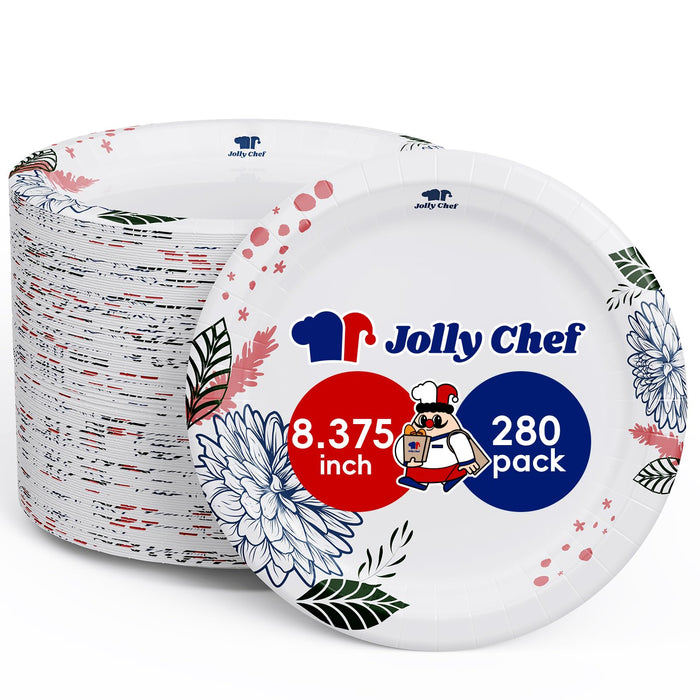 JOLLY CHEF 280 Count Paper Plates 8 inch Soak Proof, Cut Proof, Heavy Duty Flower Printed Disposable Paper Plates for Everyday Use, Thanksgiving, Christmas Day