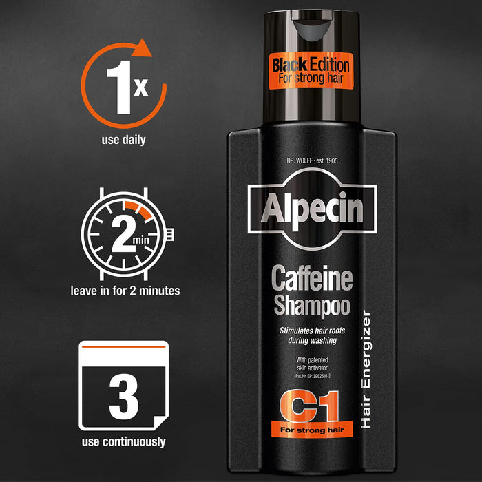 Alpecin Black Mens Shampoo with new Fragrance 2x 250ml | Hair Growth Shampoo | Men Shampoo for Natural Strong Hair | Hair Care for Men Made in Germany