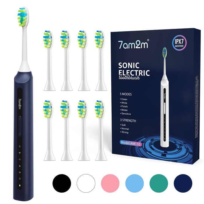 7AM2M Sonic Electric Toothbrush, High Power Rechargeable Toothbrushes, with 8 Brush Heads for Adults and Kids, 15 Adjustable Modes, Built-in 2-Minute Smart Timer, 4 Hours Fast Charge(Navy Blue)