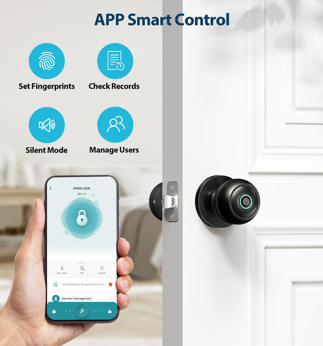 Veise Fingerprint Door Lock, Smart Door Knob with App Control, Biometric Smart Lock for Bedroom Door, Auto Lock, Great for Home, Offices, Pantry, Apartments, Garages, Matte Black