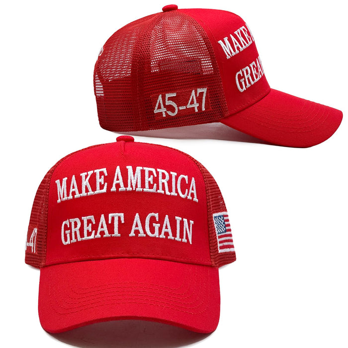 Donald Trump 2024 45-47 MAGA Hat Make America Great Again Slogan with USA Flag Adjustable Baseball Cap Mesh-Back Cap (US, Alpha, One Size, Red 45-47 MAGA Hat)