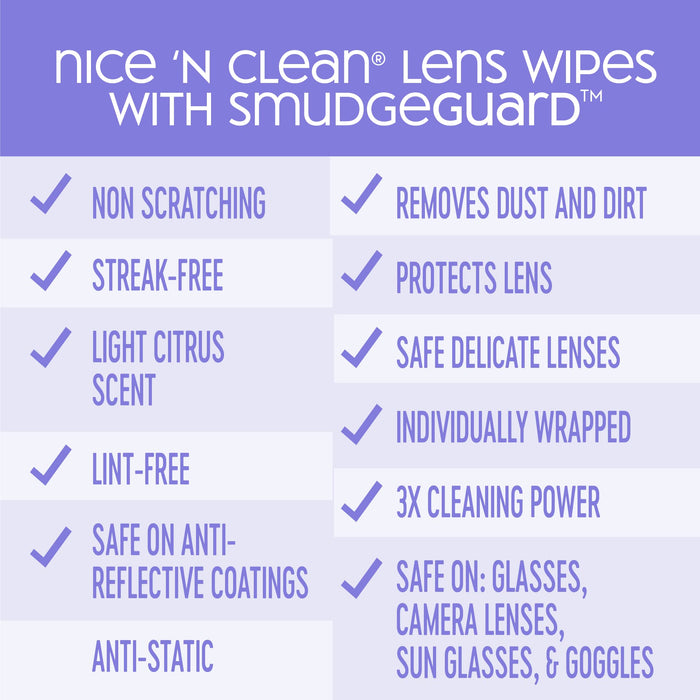 Nice 'n Clean SmudgeGuard Lens Cleaning Wipes (100 Total Wipes) | Pre-Moistened Individually Wrapped Wipes | Non-Scratching & Non-Streaking | Safe for Eyeglasses, Goggles, & Camera Lens (Pack of 2)