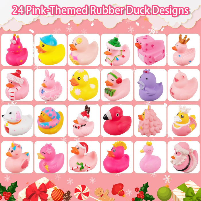 Pink Advent Calendar Christmas Ducks 2024 Kids - 24pcs Rubber Duck Advent Calendar 24 Days Christmas Countdown Toys Fun Duckies Bath Toys for Birthday Baby Shower Xmas Gifts Party Favors Kids Toddlers