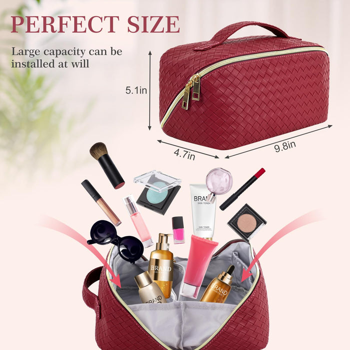 ZAUKNYA Large Capacity Travel Cosmetic Bag - Makeup Bag, Portable Leather Waterproof Women Travel Makeup Bag Organizer, with Handle and Divider Flat Lay Checkered Cosmetic Bags (Burgundy)