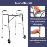 Foldable Lightweight Two Button Walker with 5” Wheels, Includes Ski Glides - Folding Design Ideal for Seniors and Elderly Adults - Adjustable for Tall Men and Women - Standing Handicap Mobility Aids