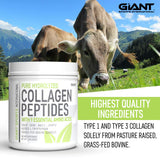 Giant Sports Collagen Peptide Powder - Hydrolyzed Complete All Essential Amino Acids with L-Tryptophan, Great for Skin, Hair, Nails, Bones, Joints - Grass Fed Pasture Raised Type 1 Type 3-1 LB