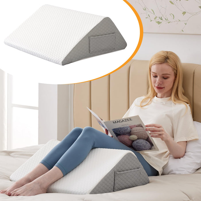 Ruqmuis Knee Wedge Pillow, 8"Wedge Pillow for Knee Pain Relief, Premium Memory Foam Knee Pillow for Back Sleeping, Triangle Wedge Pillow for Leg Elevation, Back Pain, Sciatica, Hip Support, White/Grey