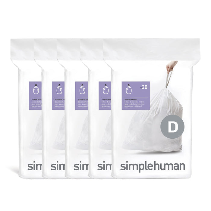 simplehuman Code D 100 Count, Genuine Custom Fit Liners, Drawstring Trash Bags in Dispenser Packs, 20 Liter / 5.3 Gallon, White