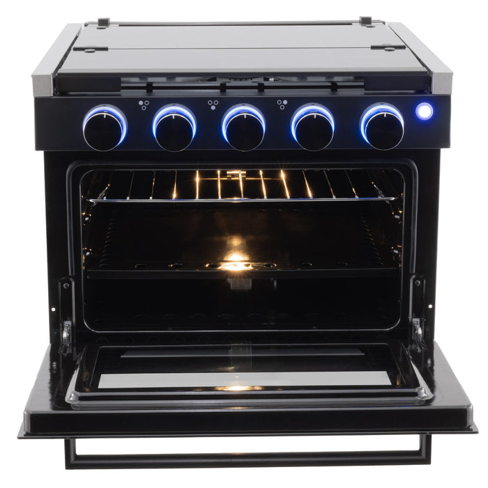 RecPro RV Stove Black Finish | Gas Range 17" Tall | 6500 and 8000 BTU Three Burner | 7100 BTU Oven with 1.24 Cu. Ft. Capacity | Optional Range Hood