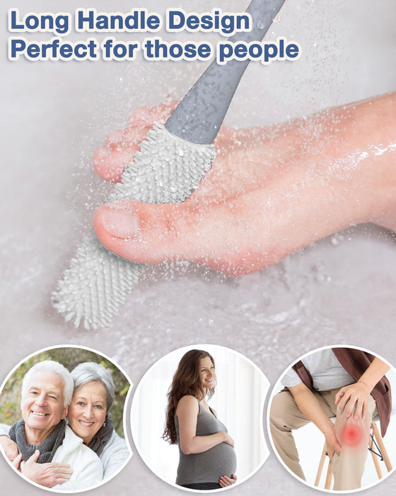 TOPHOME 2 Pack Toe Cleaning Brush,Silicone Foot Scrubber for Shower with 15.7" Long Handle Soft Cleaning Bath Brush Feet Cleaner Scrub Foot Care for Seniors,Elderly, Men and Women (GREY)