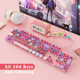 HUO JI Typewriter Mechanical Gaming Keyboard with RGB Sidelit and Rainbow Backlit, Retro Style, Red Switches, Metal Panel, Lipstick 104 Keys for Mac, PC, Cute Pink